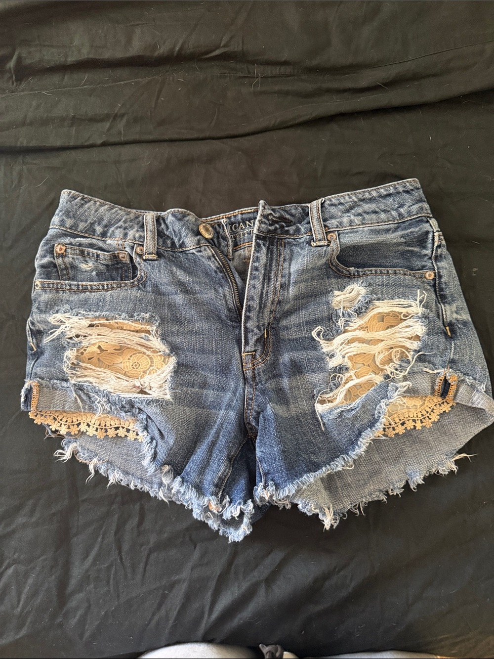 American Eagle Outfitters Distressed Blue Denim Shorts with Lace Insets